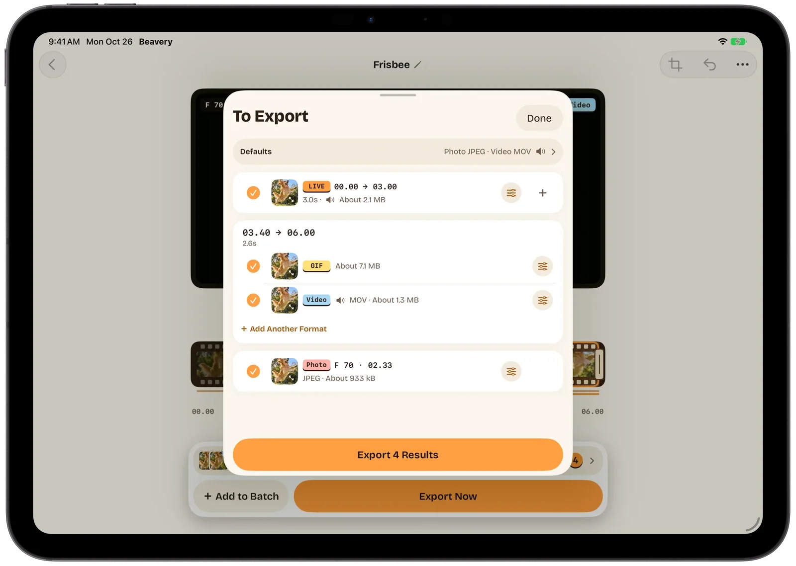Beavery auf dem iPad (englische Oberfläche): das Hundevideo im Editor mit geöffneter Liste „Zu exportieren“, vier Ergebnisse markiert
