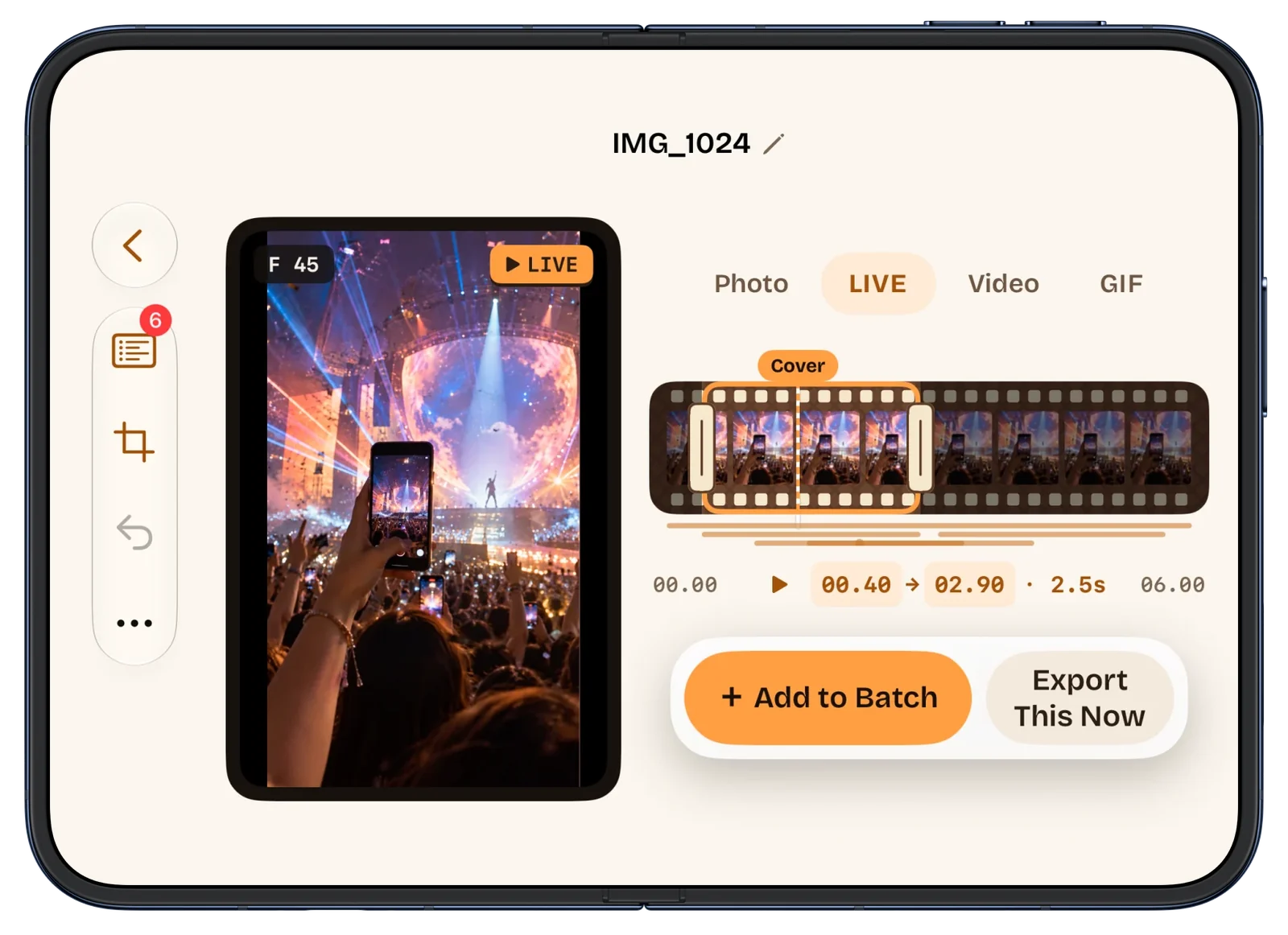 Beavery auf einem aufgeklappten, quer gehaltenen iPhone Duo (englische Oberfläche): links die Vorschau des Konzertvideos, rechts Modusumschalter, Film-Zeitleiste und Add to Batch