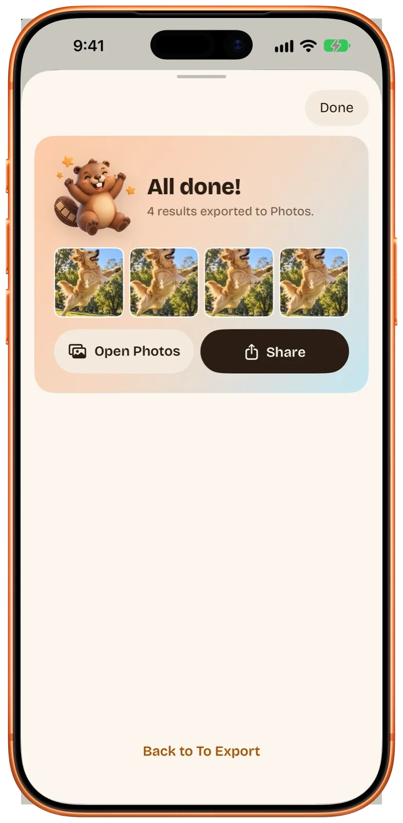 Export auf dem iPhone abgeschlossen (englische Oberfläche): vier Ergebnisse in Fotos gesichert, mit Open Photos und Share