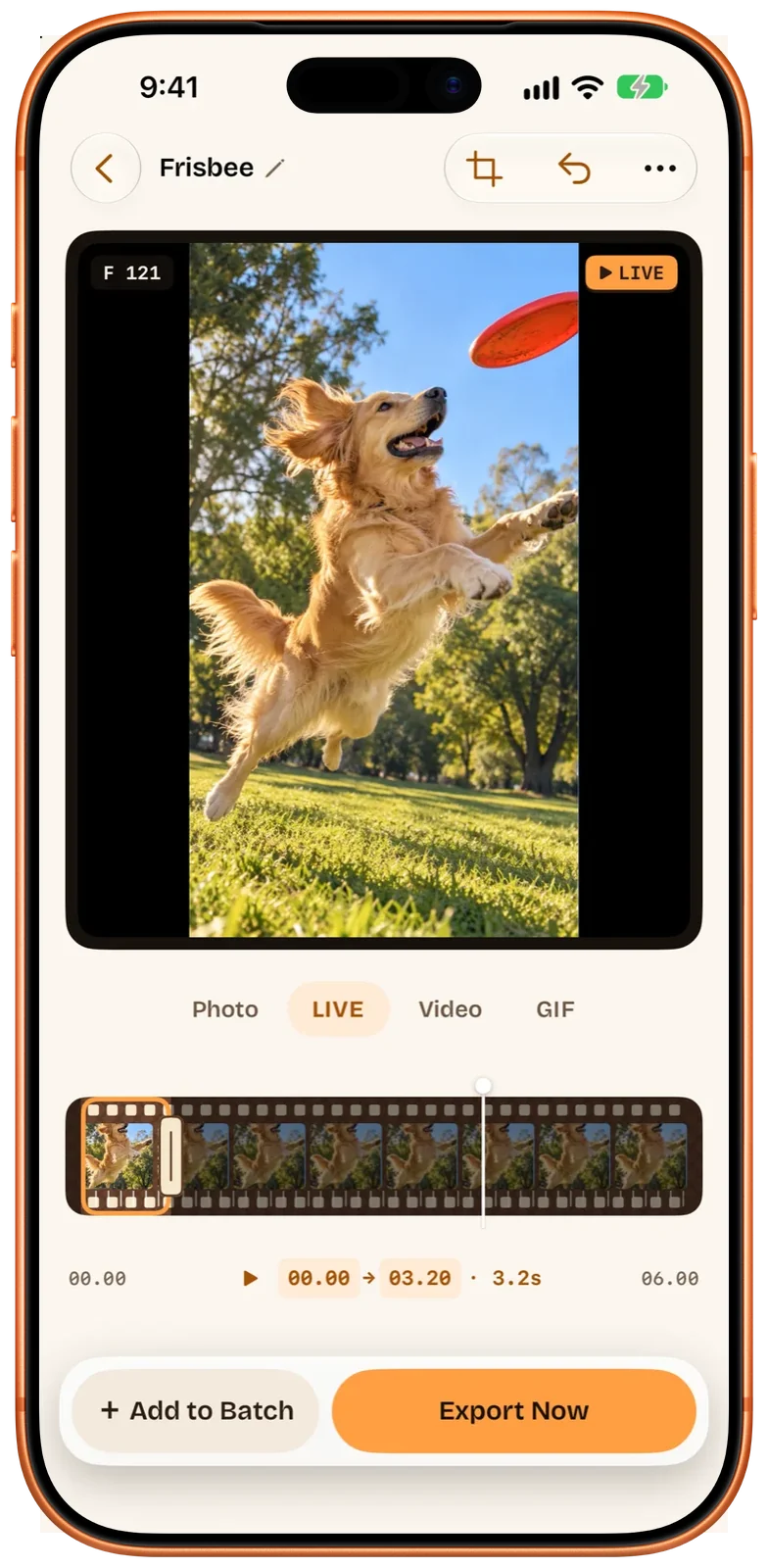 英語の画面。iPhoneの編集画面。「LIVE」が選ばれ、フィルムが拡大されて各フレームが1マスになり、その下の表示に選択範囲の開始、終了、長さが出ている