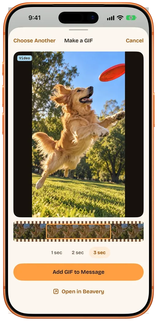Beavery in Nachrichten auf dem iPhone (englische Oberfläche): ein Ausschnitt des Hundevideos für ein GIF, mit 1, 2 oder 3 Sekunden und Add GIF to Message