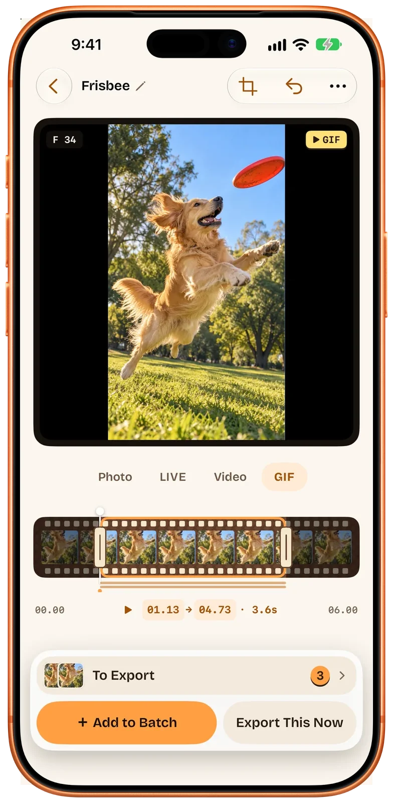 Der Beavery-Editor auf dem iPhone im GIF-Modus (englische Oberfläche): derselbe Abschnitt des Hundevideos, bereit zum Hinzufügen als GIF