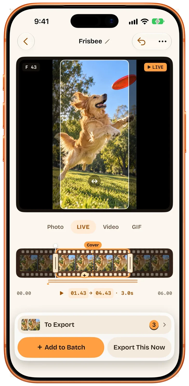 Der Beavery-Editor auf dem iPhone mit aktiviertem Make a Moving Wallpaper (englische Oberfläche): ein Hintergrund-Ausschnitt in Bildschirmform über dem Hundevideo, bereit zum Zurechtschieben