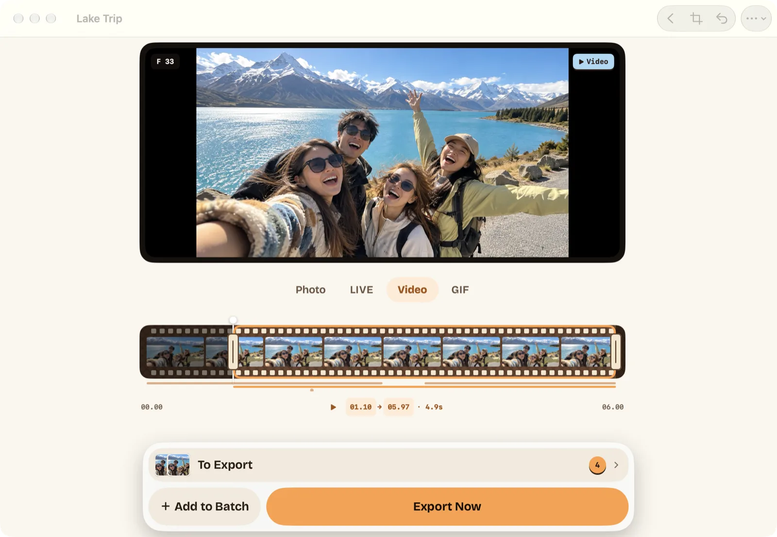Der Beavery-Editor auf dem Mac (englische Oberfläche): ein Selfie-Video an einem Bergsee, Video gewählt, ein Abschnitt auf der Zeitleiste und vier Ergebnisse, die auf den Export warten