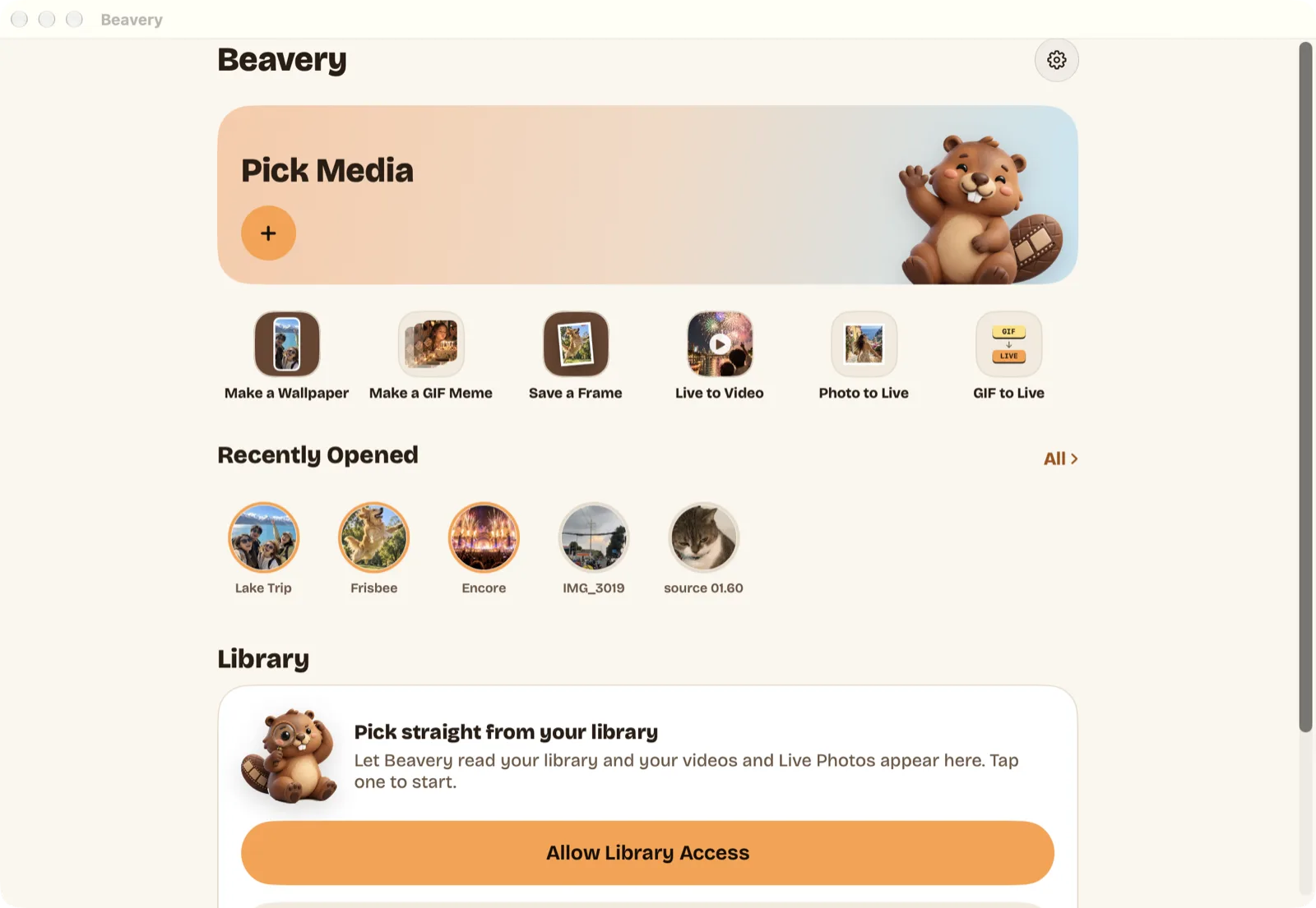 Beavery home window on the Mac: Pick Media, shortcuts for common results, Recently Opened, and the library section