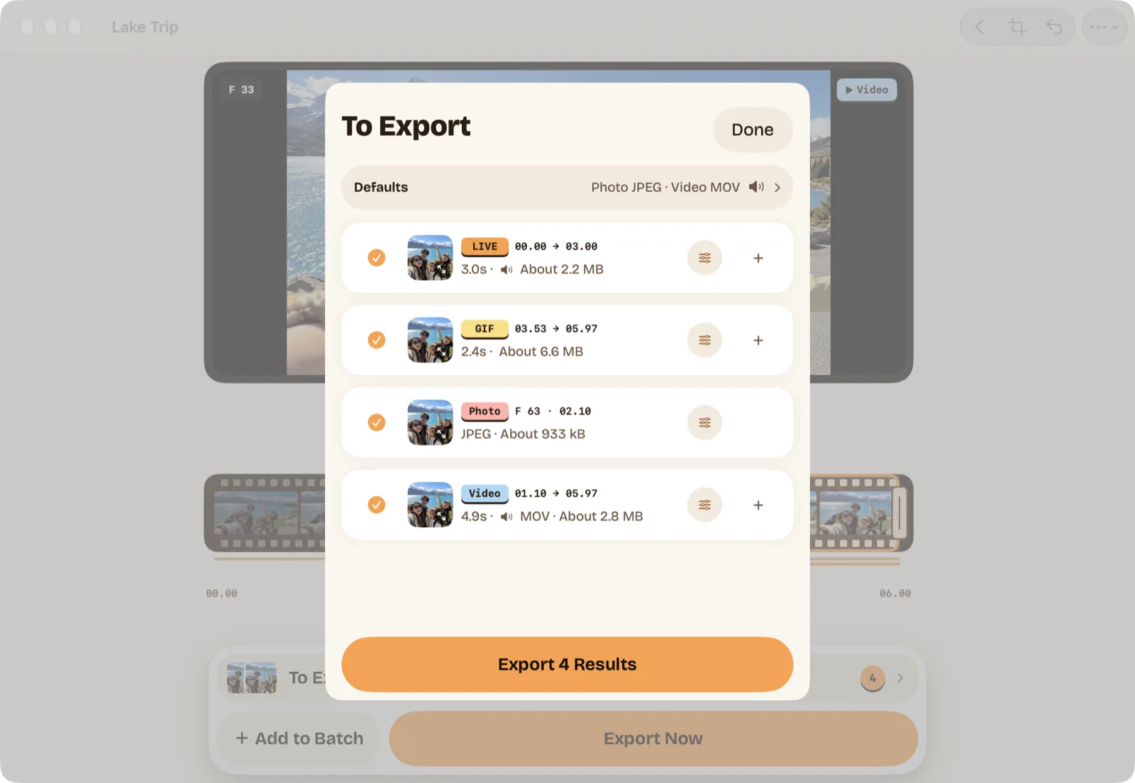Das Blatt „Zu exportieren“ auf dem Mac (englische Oberfläche): ein Live Photo, ein GIF, ein Foto und ein Video aus dem Seevideo, mit Export 4 Results